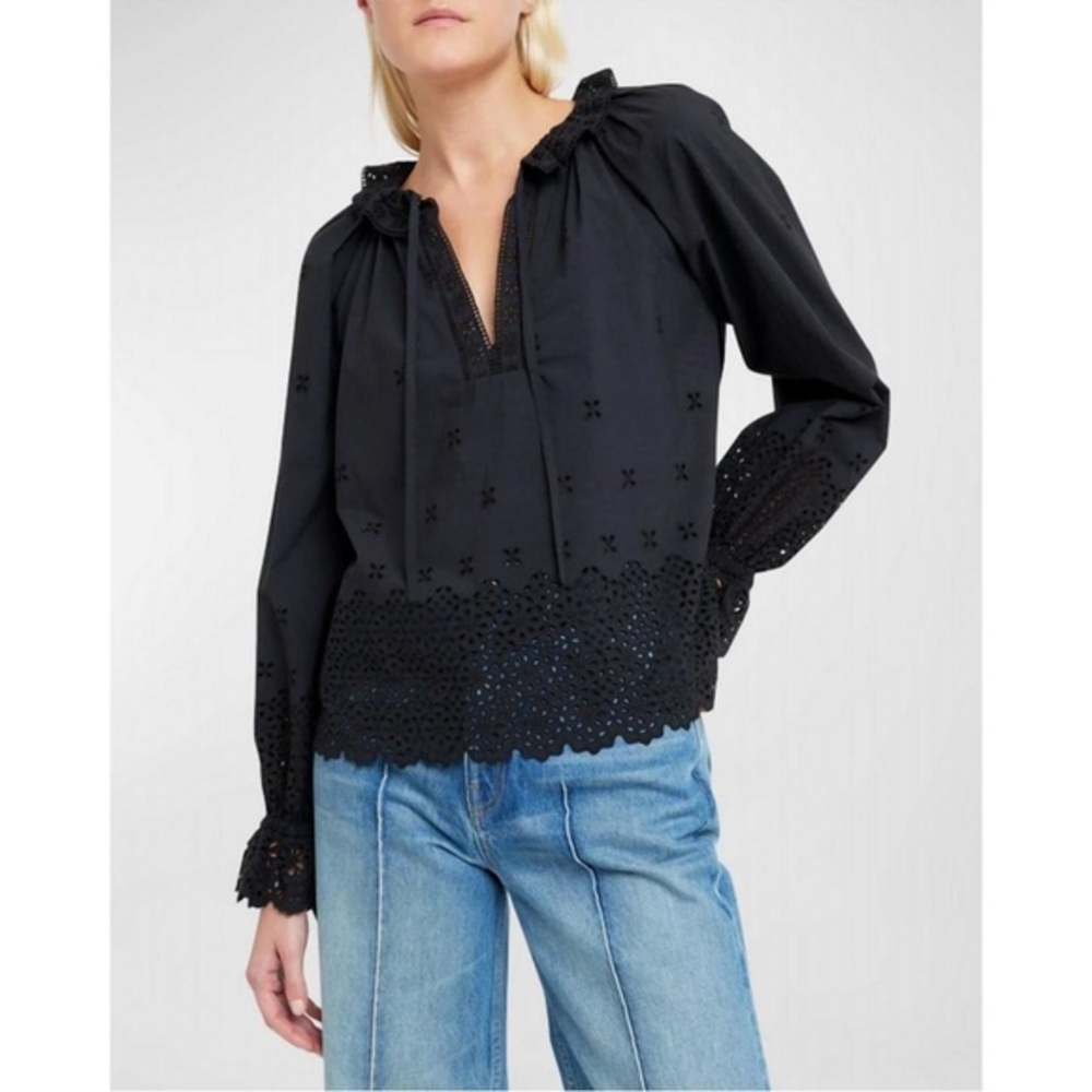 Ulla Johnson Alora Broderie Anglaise Split-Neck Cotton Blouse Size 10‎
